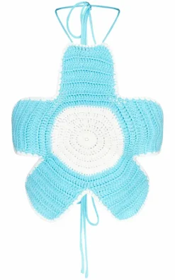 Blue Crochet Knit Tie Back Flower Bralet