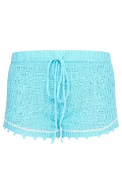 Blue Crochet Knit Tie Front Mini Shorts