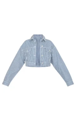 Blue Cropped Pinstripe Denim Jacket