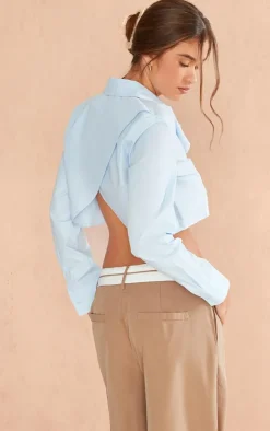 Blue Cross Back Poplin Cropped Shirt