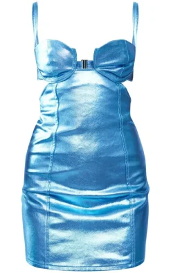 Blue Cup Detail Metallic Coated Denim Dress