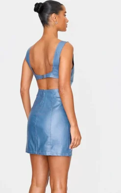 Blue Cut Out Back Coated Denim Mini Dress