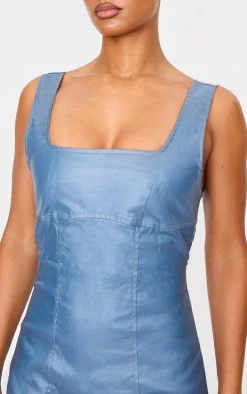 Blue Cut Out Back Coated Denim Mini Dress