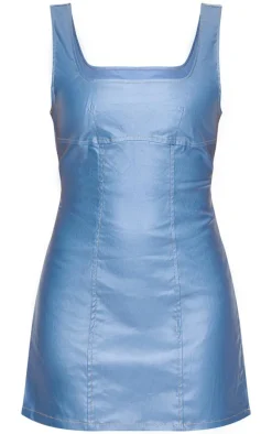 Blue Cut Out Back Coated Denim Mini Dress