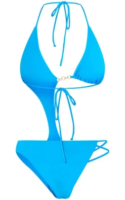 Blue Cut Out Diamante Trim Swimsuit