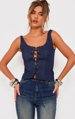 Blue Denim Look Lace Up Detail Corset Top