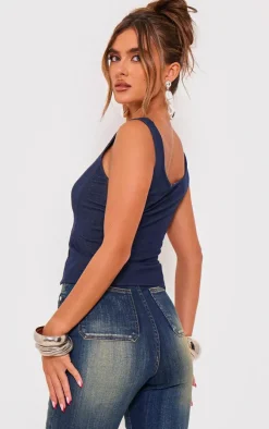 Blue Denim Look Lace Up Detail Corset Top