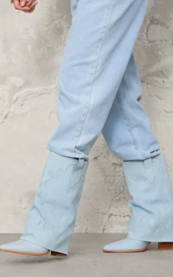 Blue Denim Point Toe Block Heel Fold Over Western Boot