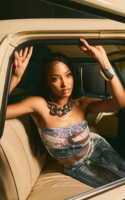 Blue Denim Printed Mesh Bandeau Crop Top