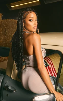 Blue Denim Printed Mesh Bandeau Crop Top