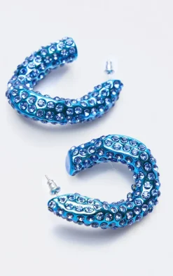 Blue Diamante Abstract Twist Hoop Earrings