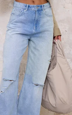Blue Distressed Detail Straight Leg Jeans