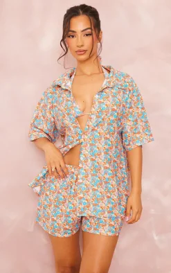 Blue Ditsy Floral Print Button Up Beach Shirt