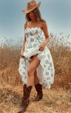 Blue Ditsy Floral Ruched Bust Corset Strappy Midaxi Dress