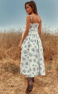 Blue Ditsy Floral Ruched Bust Corset Strappy Midaxi Dress