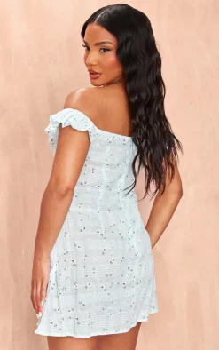 Blue Ditsy Floral Textured Bardot Shift Dress