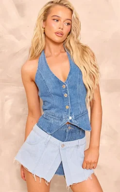 Blue Double Waistband Two Tone Denim Mini Skirt