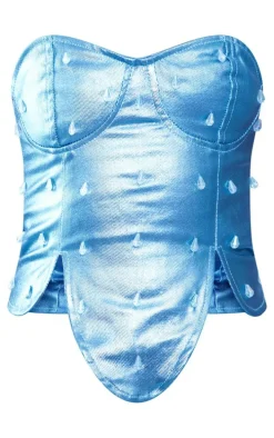 Blue Embellished Metallic Coated Denim Corset Top
