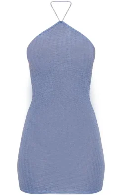 Blue Eyelash Textured Halterneck Bodycon Dress