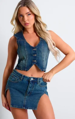 Blue Faded Wash Seam Detail Denim Vest