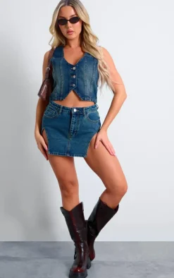 Blue Faded Wash Seam Detail Denim Vest