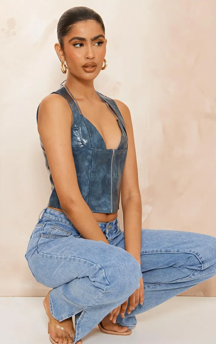 Blue Faux Leather Bralet Detail Long Top