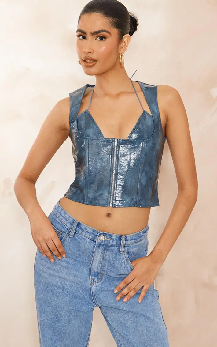Blue Faux Leather Bralet Detail Long Top