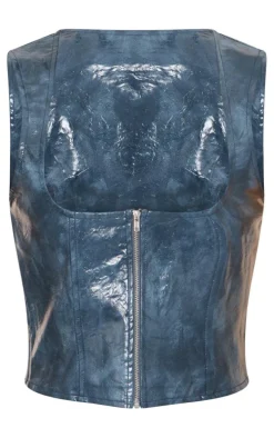 Blue Faux Leather Bralet Detail Long Top
