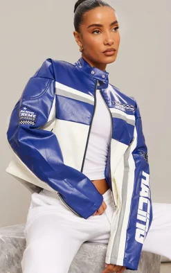 Blue Faux Leather Contrast Panel Quilted Detail Motocross Jacket