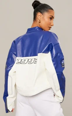 Blue Faux Leather Contrast Panel Quilted Detail Motocross Jacket