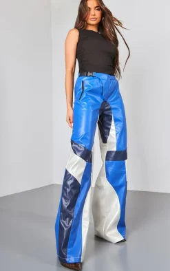 Blue Faux Leather Panel Detail Motorcross Pants