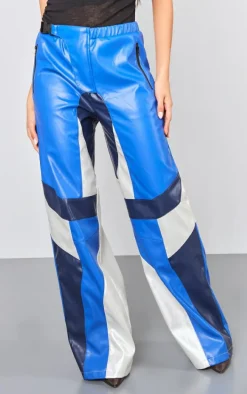 Blue Faux Leather Panel Detail Motorcross Pants