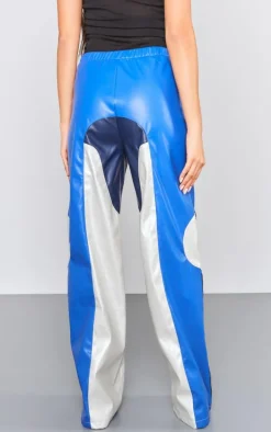 Blue Faux Leather Panel Detail Motorcross Pants