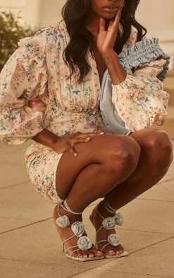 Blue Faux Suede Square Toe Corsage Detail Lace Up High Heeled Sandals