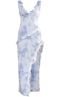 Blue Floral Asymmetric Frill Split Maxi Dress