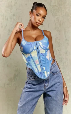 Blue Floral Bandage Hook And Eye Corset