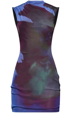 Blue Floral Double Layer Printed Mesh Bodycon Dress