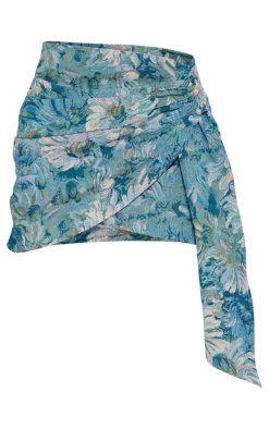 Blue Floral Jacquard Ruched Side Mini Skirt