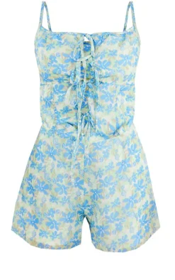 Blue Floral Print Chiffon Multi Tie Detail Strappy Romper