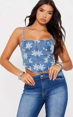 Blue Floral Print Denim Corset Top