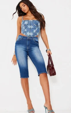 Blue Floral Print Denim Corset Top