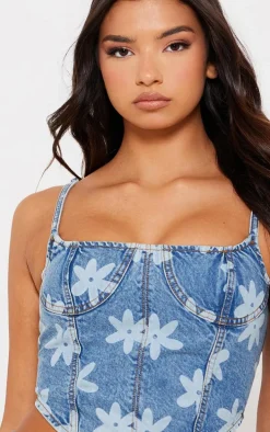 Blue Floral Print Denim Corset Top