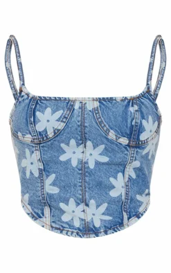 Blue Floral Print Denim Corset Top