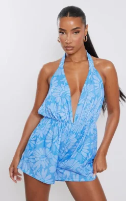 Blue Floral Print Jersey Plunge Halter Romper