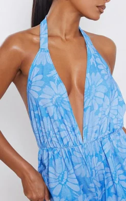Blue Floral Print Jersey Plunge Halter Romper