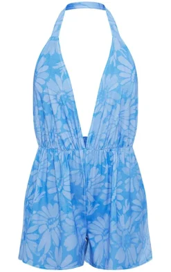 Blue Floral Print Jersey Plunge Halter Romper