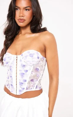 Blue Floral Print Ruched Mesh Corset