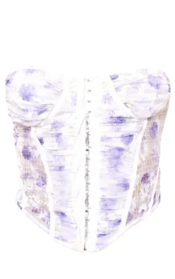 Blue Floral Print Ruched Mesh Corset