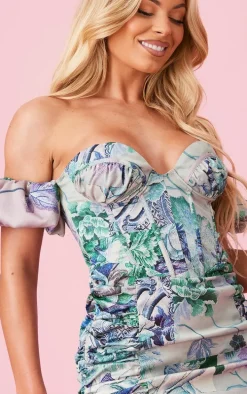 Blue Floral Print Satin Corset Detail Ruched Panel Bodycon Dress