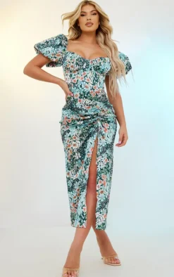 Blue Floral Print Satin Puff Sleeve Corset Ruched Midaxi Dress